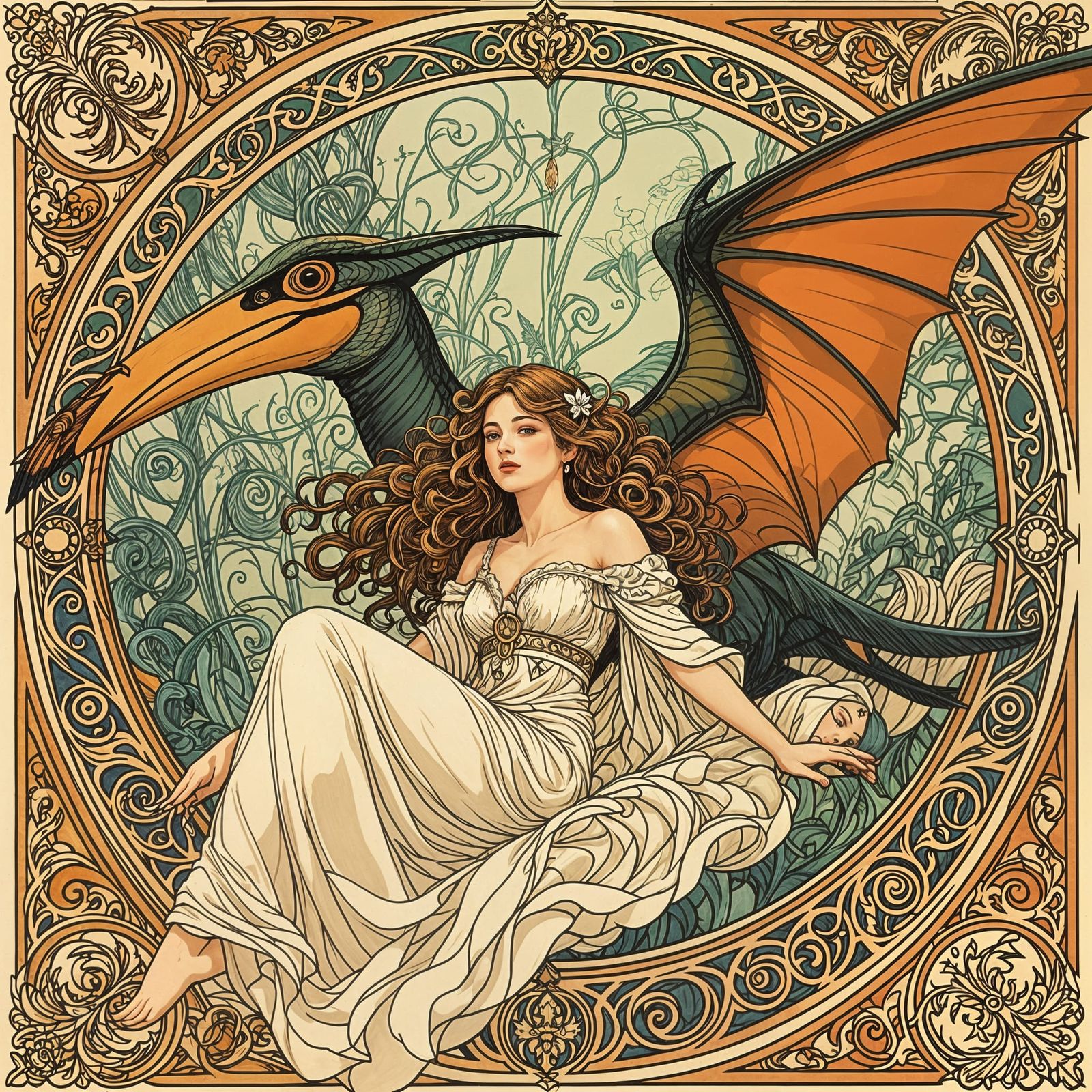 Girl with Pterosaur in Art Nouveau Style