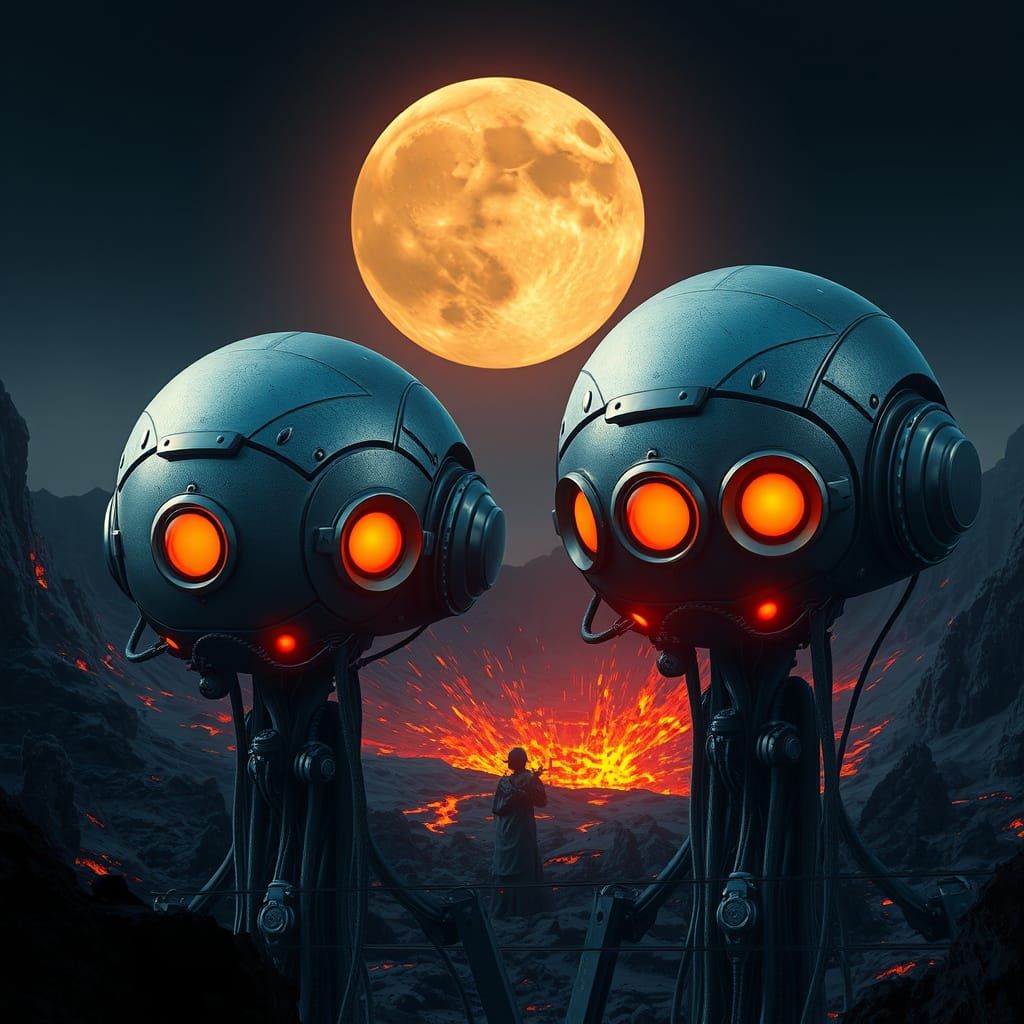 Robot Heads in Volcanic Landscape, Cinematic Style