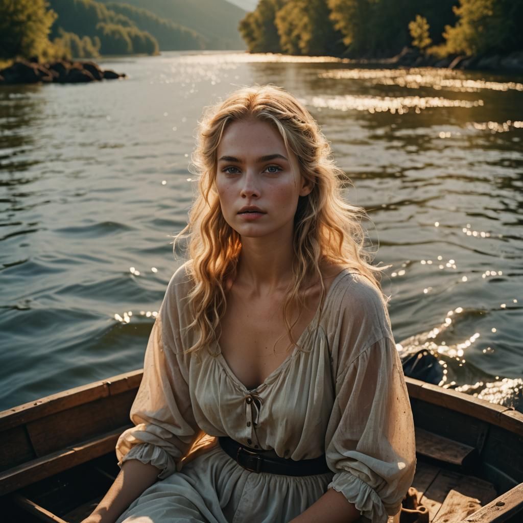 Fairy Woman in Boat at Sunset, Cinematic Still