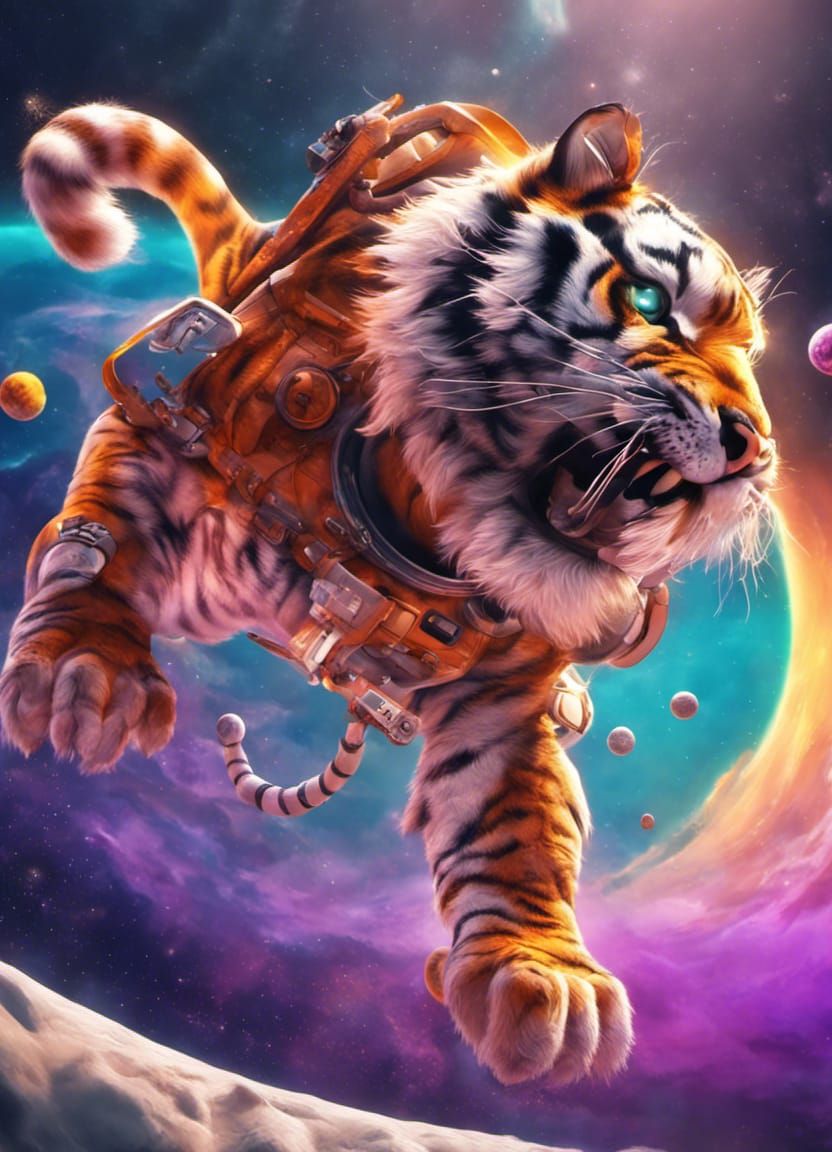 Tigers as Astronauts Jumping on Bed in Space