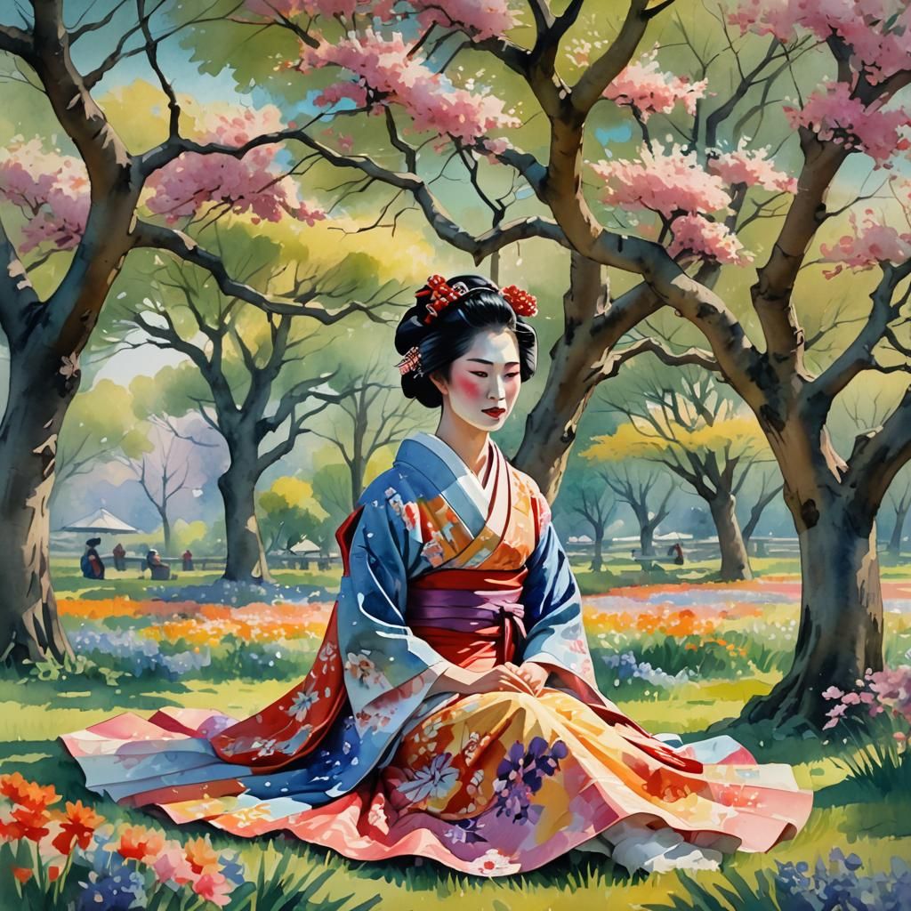 Geisha Under Tree: Impressionist Watercolor Painting