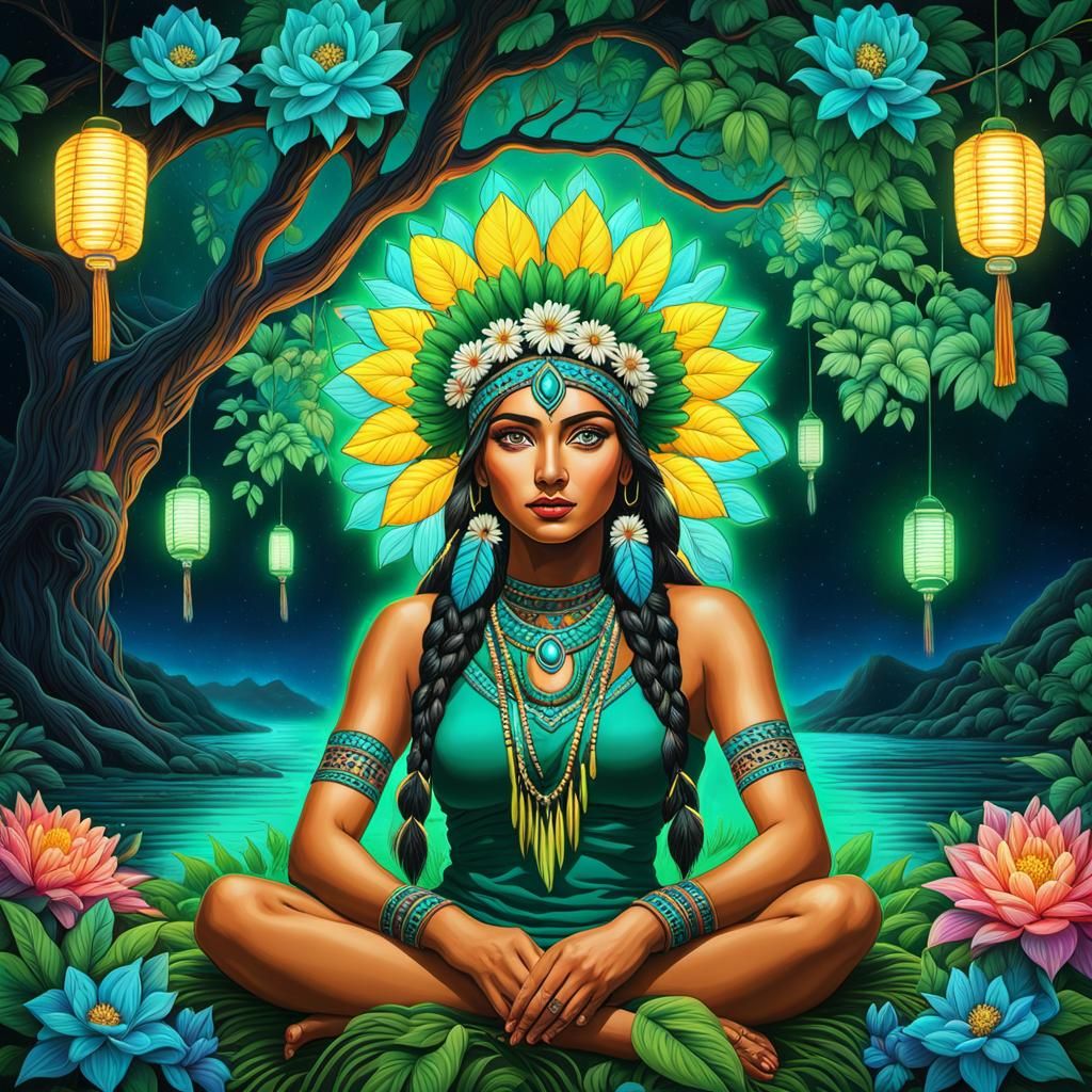 Cosmic Indigenous Princess with Bioluminescent Stream, Mixed...