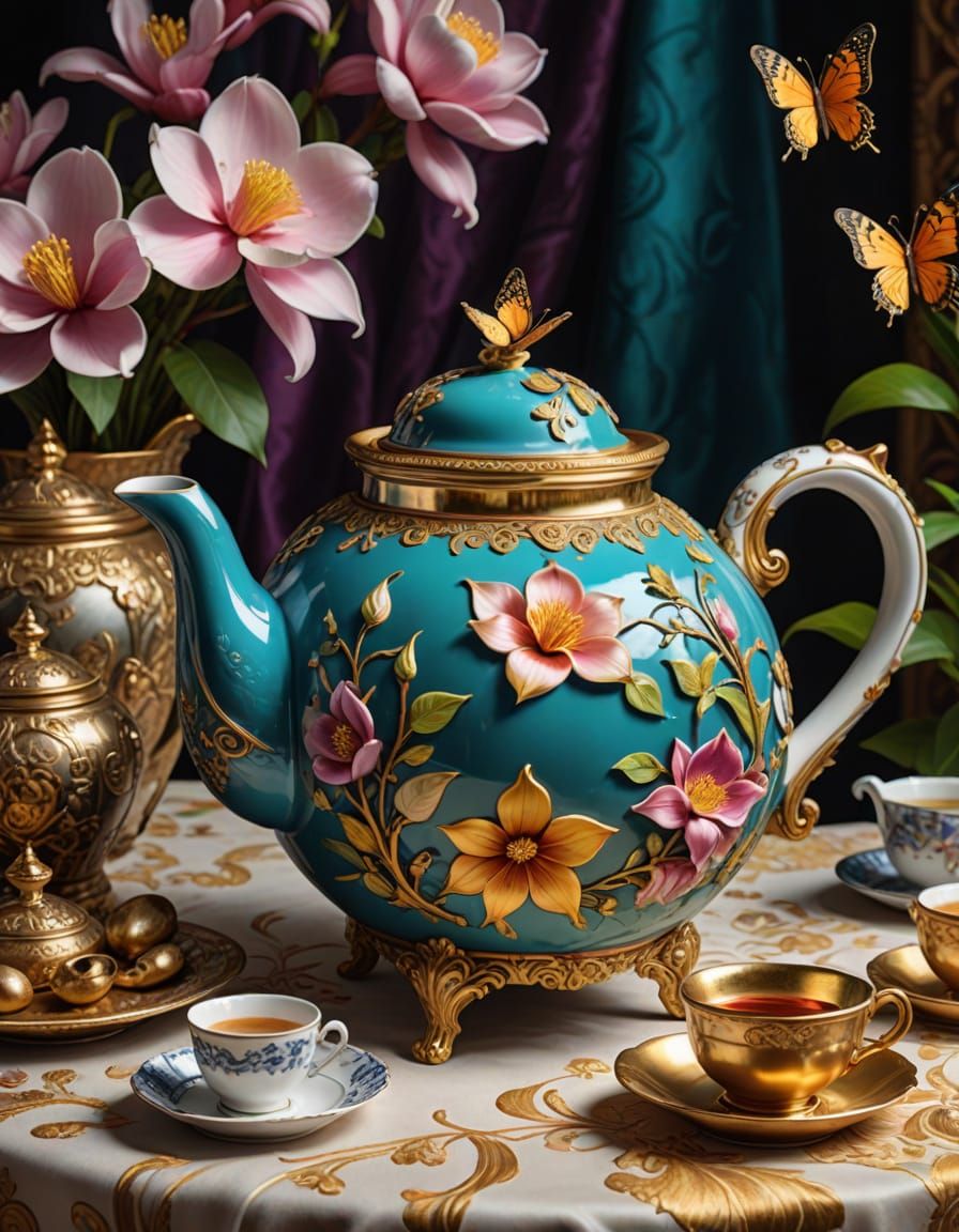 Porcelain Teapot with Wonderland Creatures in Hyperrealistic...