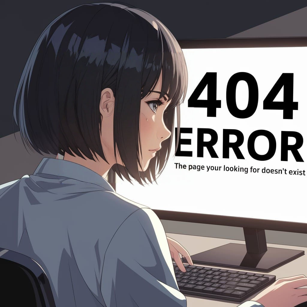 Anime Woman Frustrated by 404 Error on Her Computer Screen