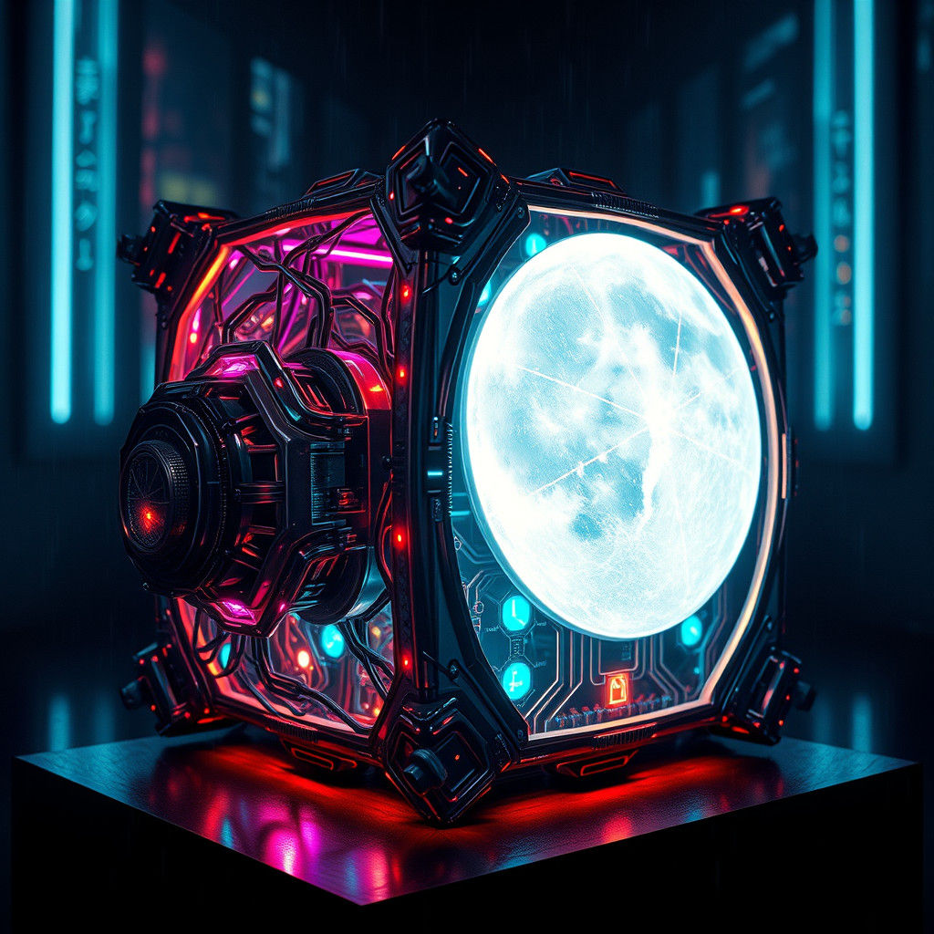 Mystical Storytelling Cube with Neon Circuitry