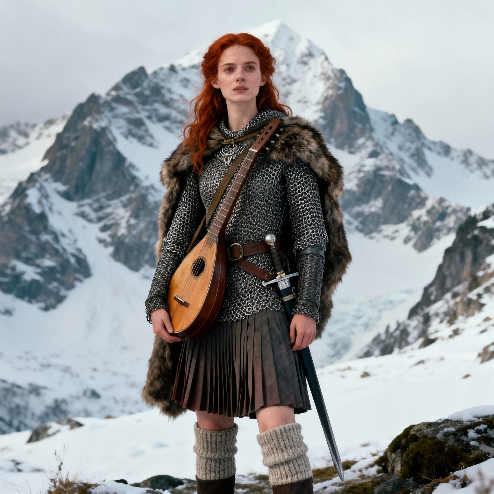 Redhead Bard in Chainmail Before Snowy Mountains