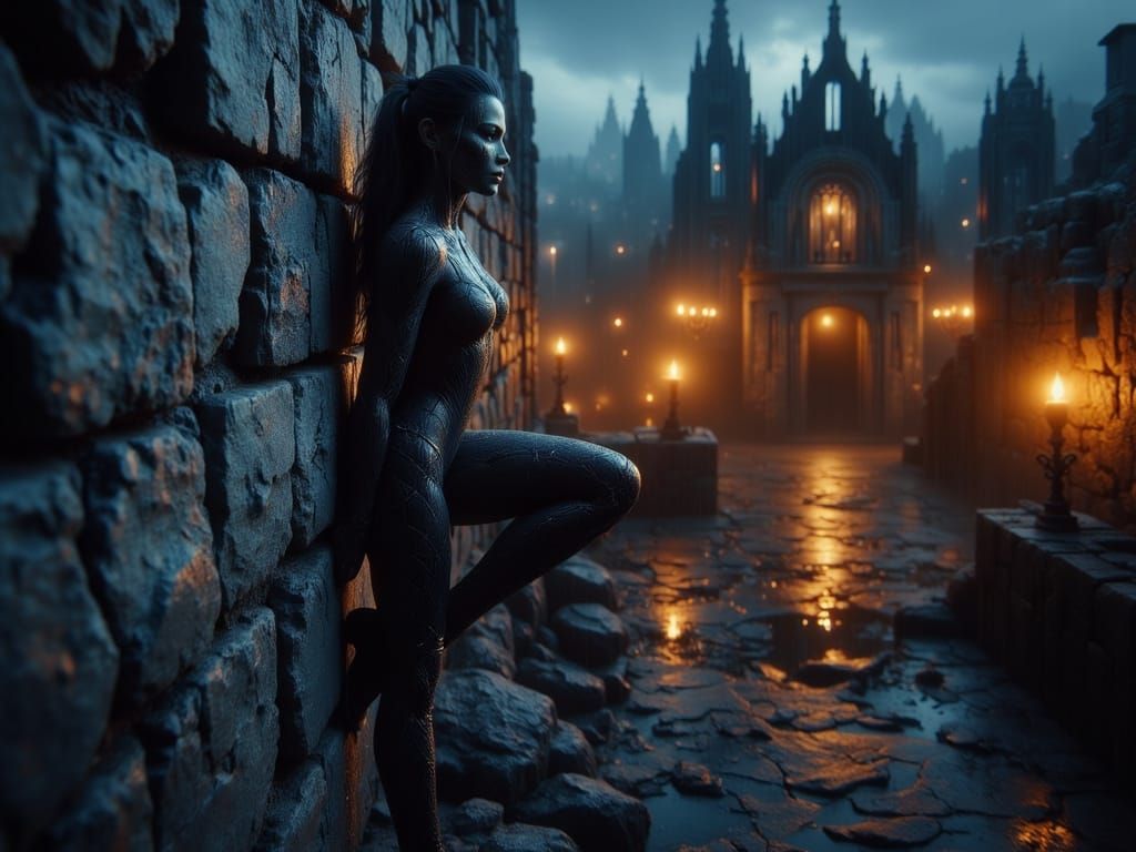 Athletic Woman Climbs Ruined Castle in Dramatic Evening Ligh...