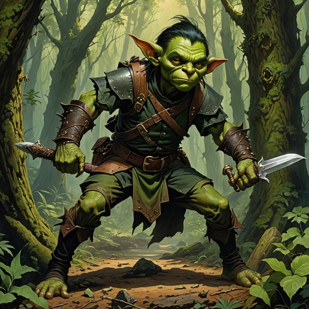 Goblin Thief Hiding in Forest: Detailed Fantasy Portrait