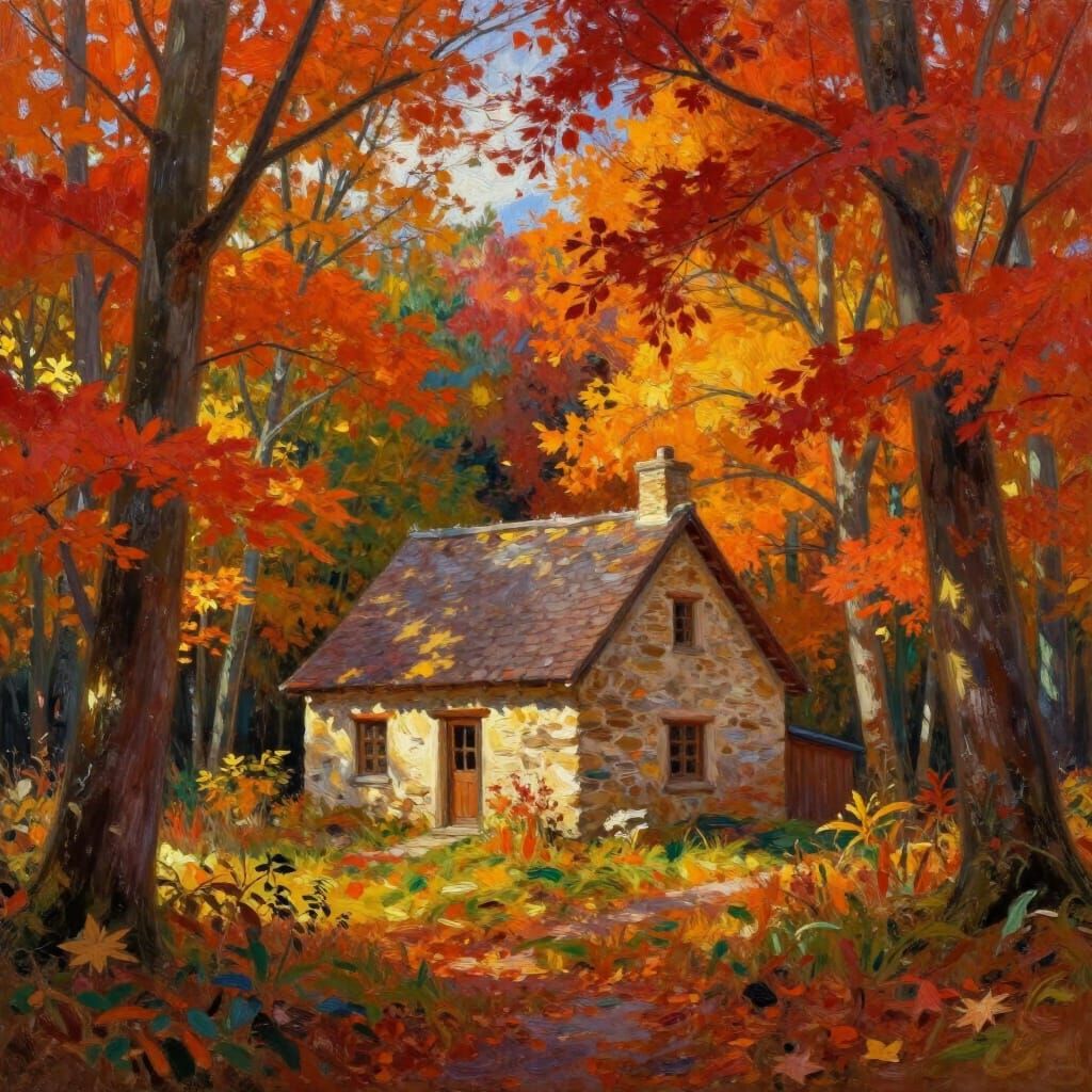 Cozy Cottage in Vibrant Autumn Forest, Painterly Style