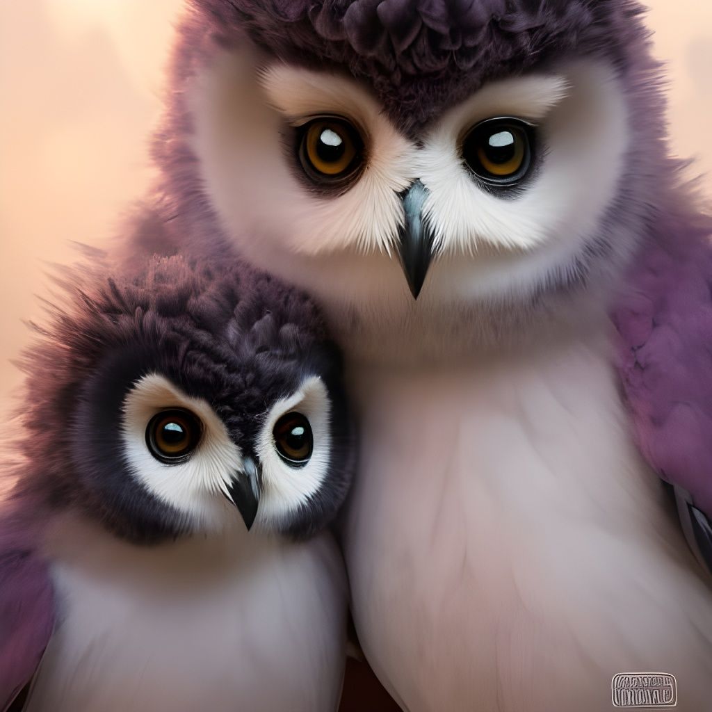 Purple Owl Family Portrait in Digital Art Style