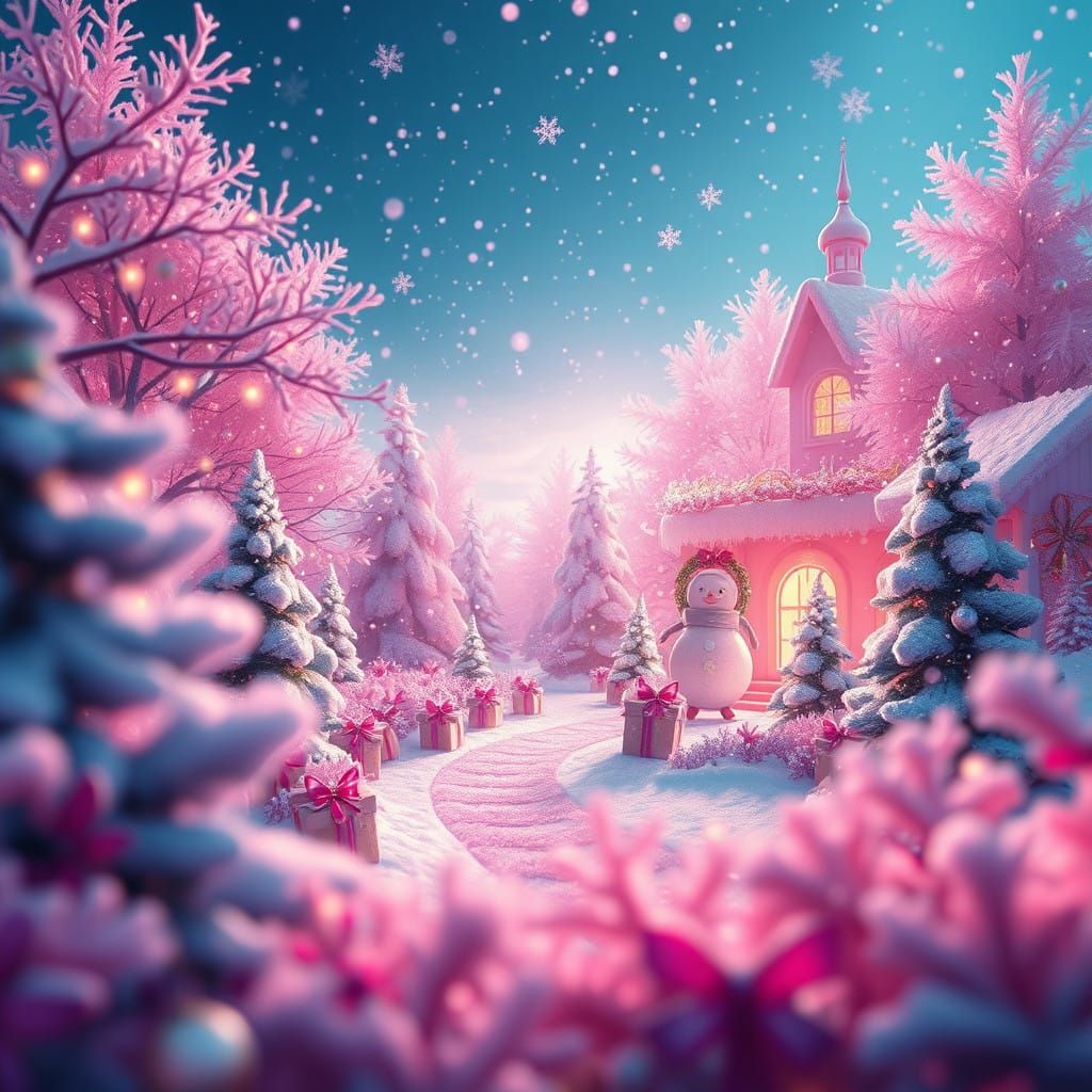 Surreal Pink Christmas Wonderland in Dreamy Light