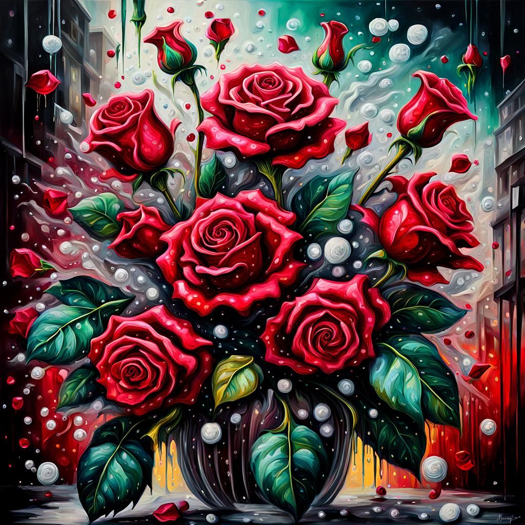 Baroque Ruby Roses with Emerald Leaves