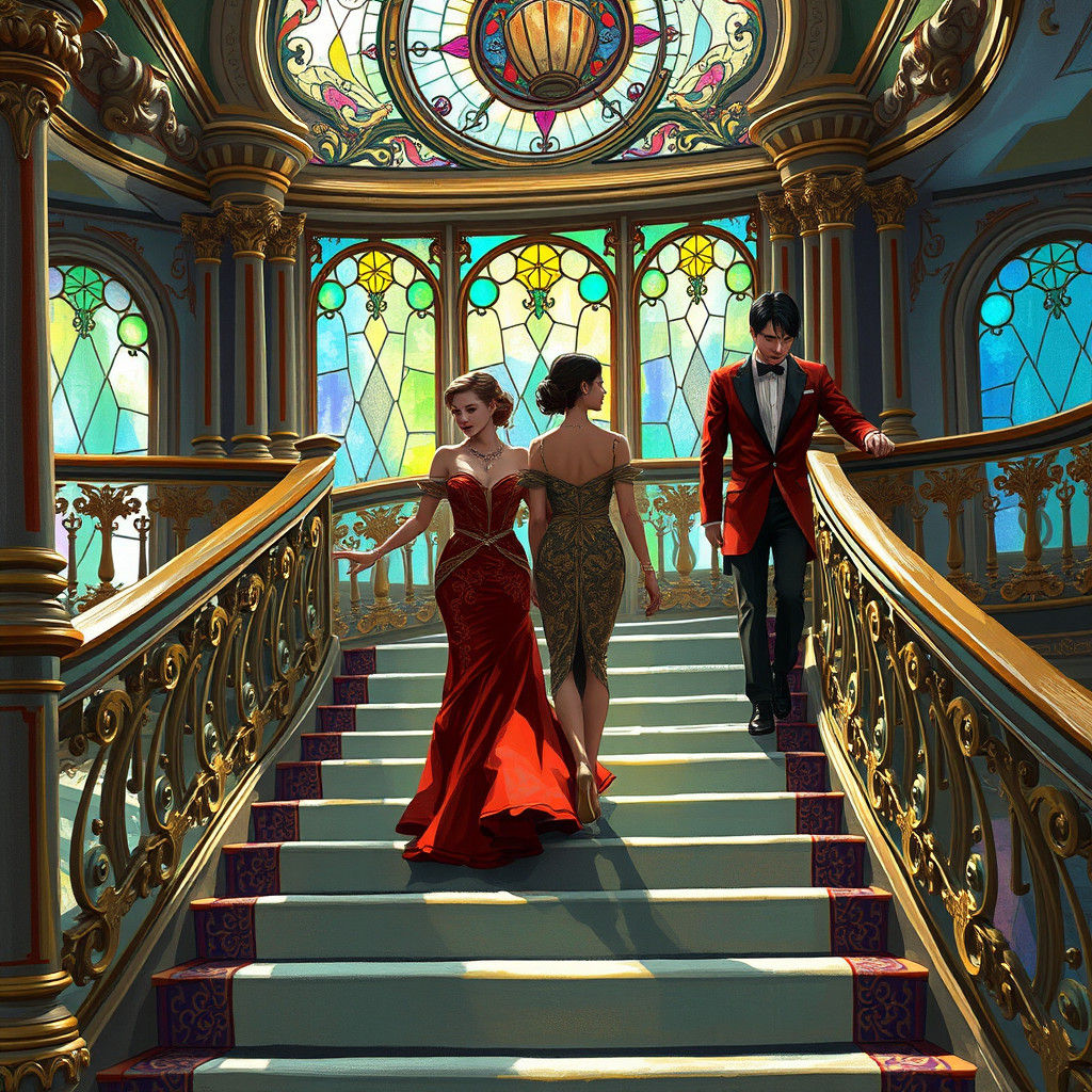 Opulent Couples on Ship Stairway: Digital Art
