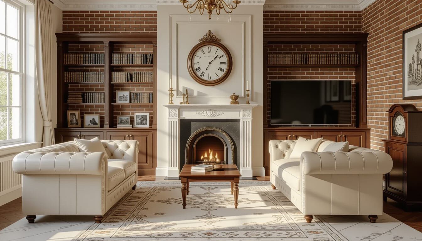 Vibrant Victorian Living Room with Leather Sofa and Fireplac...