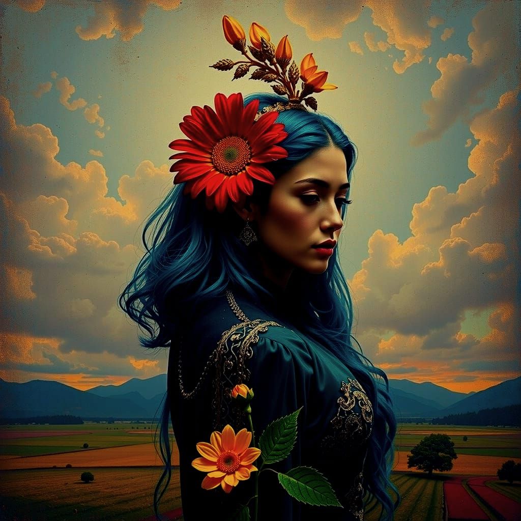 Surreal Mosaic of Figures Under a Blue Sky