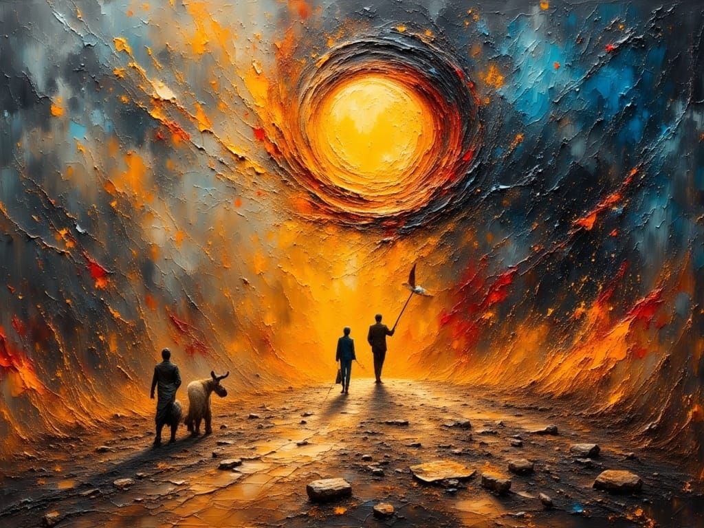 Solstice Sun's Turning Point Grunge Impasto Oil Painting