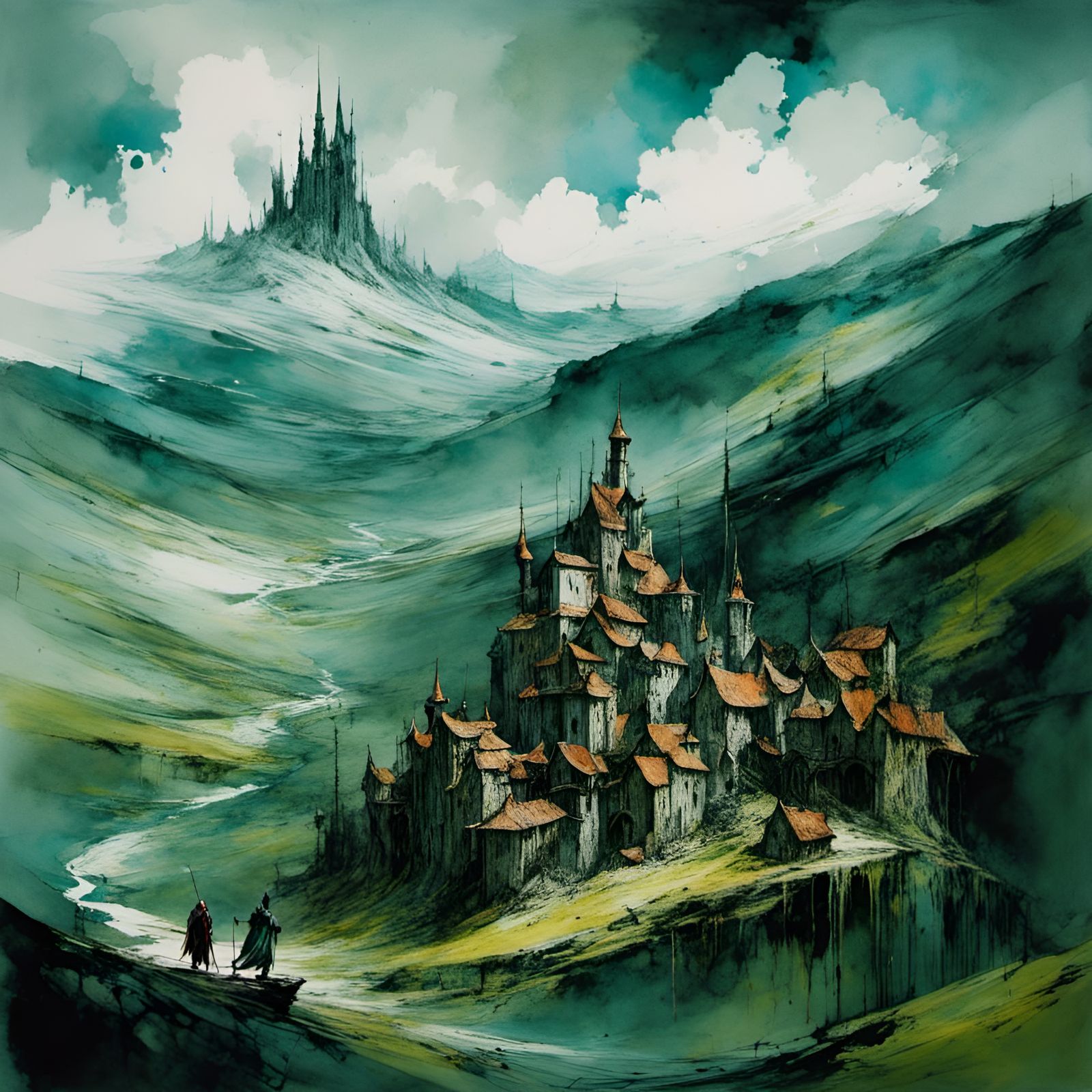 Medieval Town Concept Art in Mixed Media