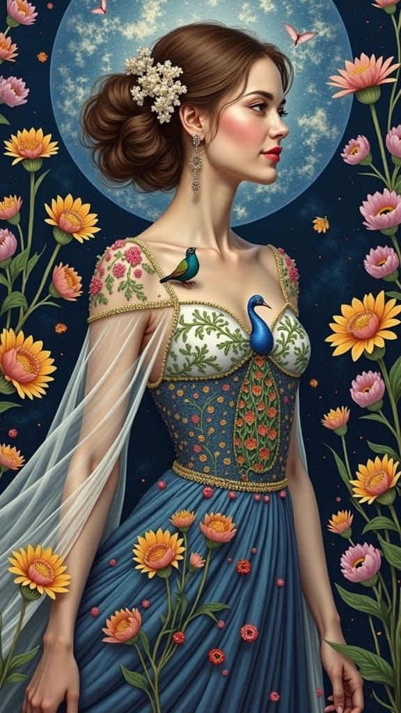 Woman Surrounded by Flowers and Birds in Pre-Raphaelite Styl...