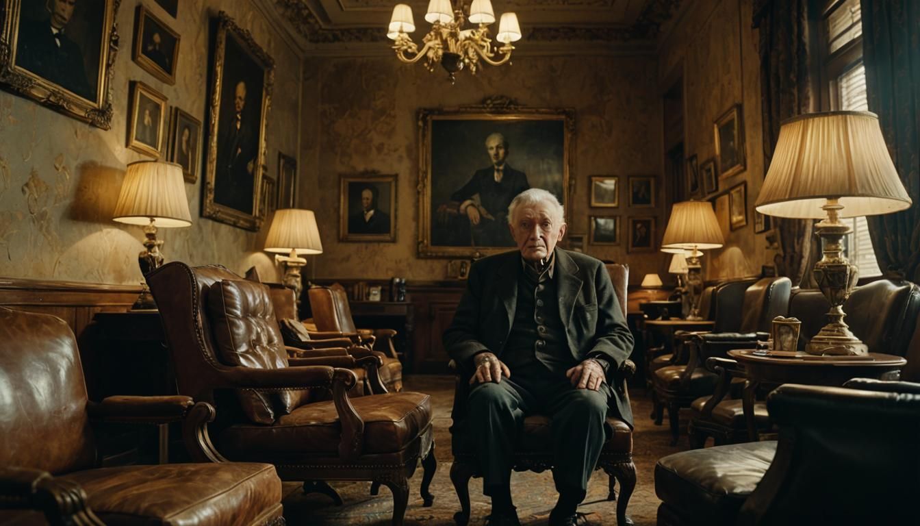 Elderly Person in Ornate, Dimly Lit Waiting Room