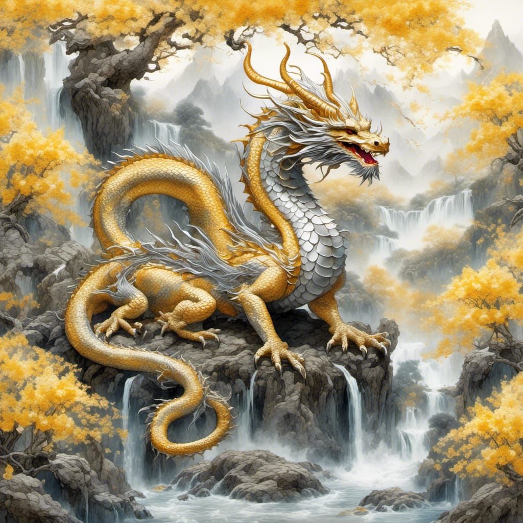 Japanese Watercolor Dragon with Floral Filigree