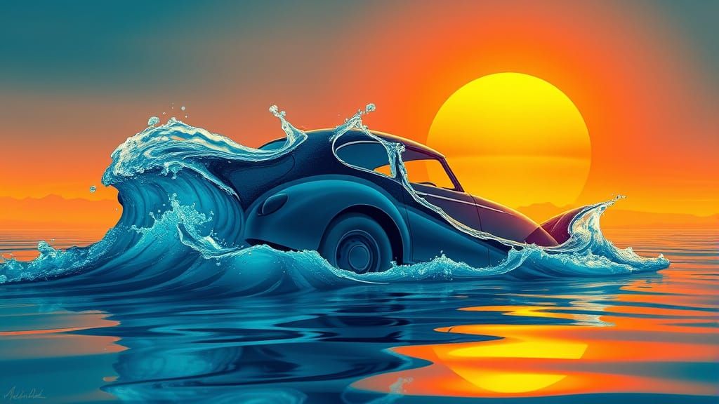 Surreal Water Car Illustration in Dalí and Magritte Style