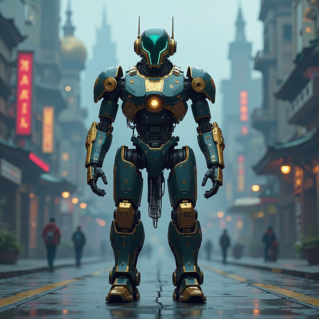 Cyberpunk Time Traveler Automaton with Golden Accents