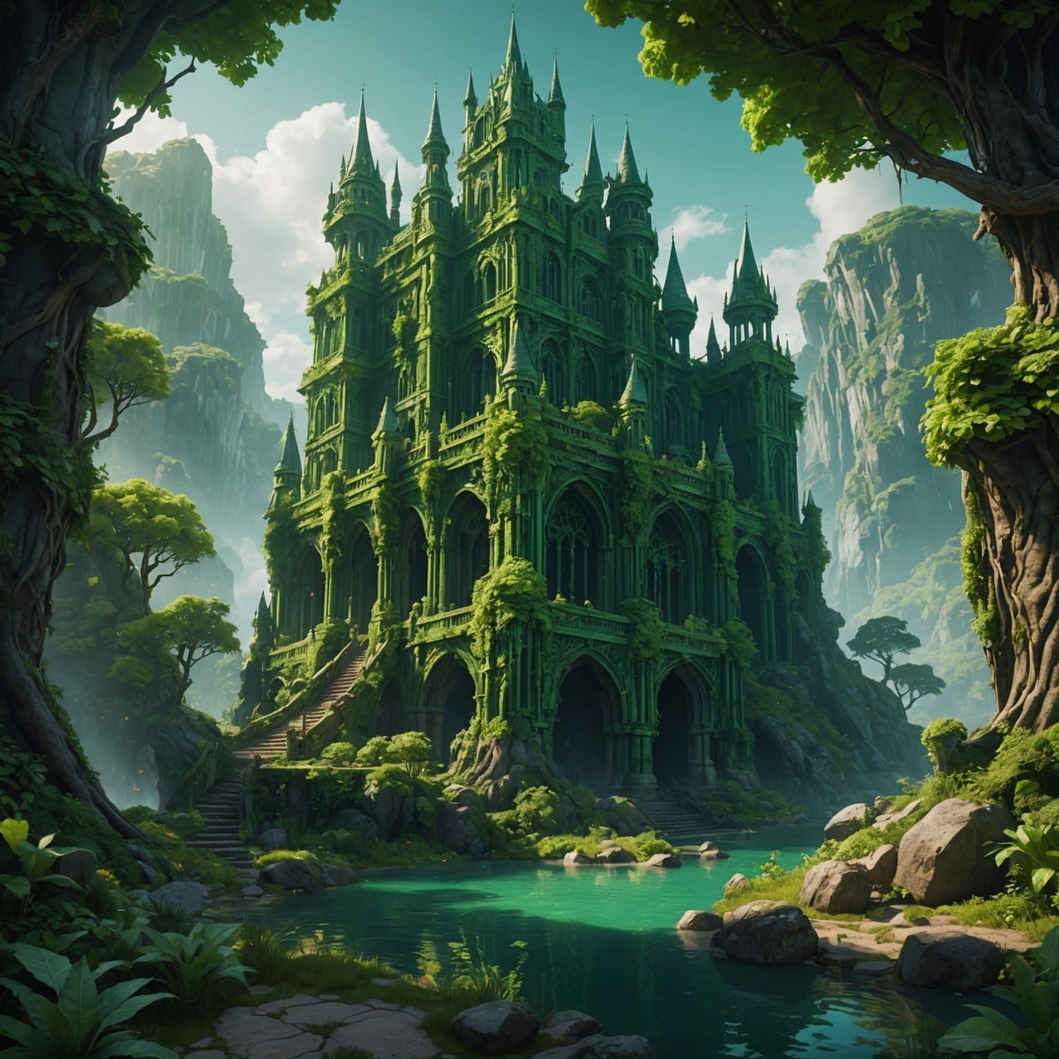 Fantastical Green Love Aesthetic: Detailed Matte Painting