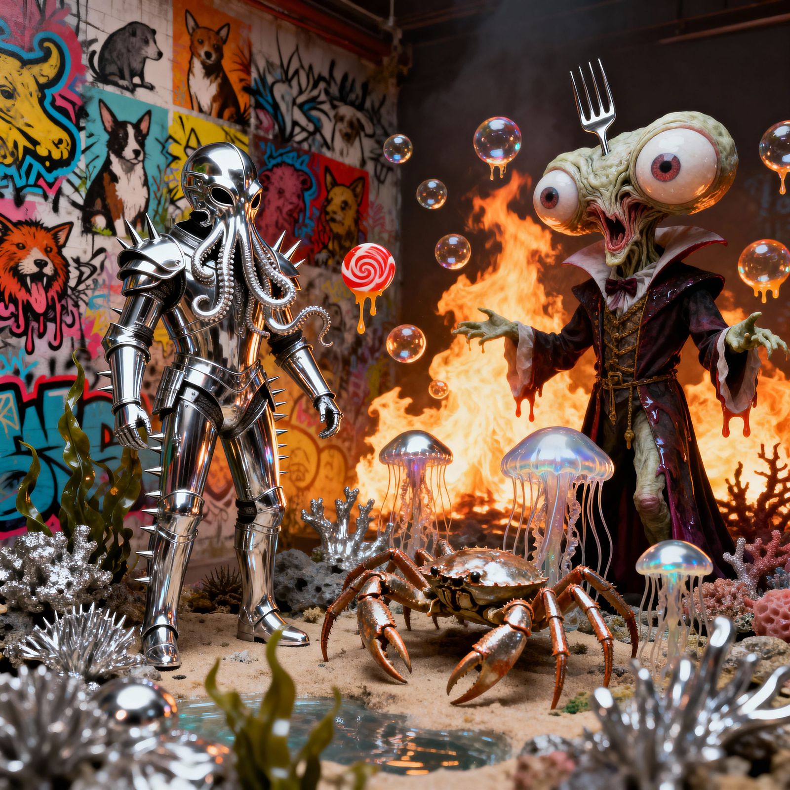 Chrome Jellyfish & Alien Magician in Fiery Ocean Depths