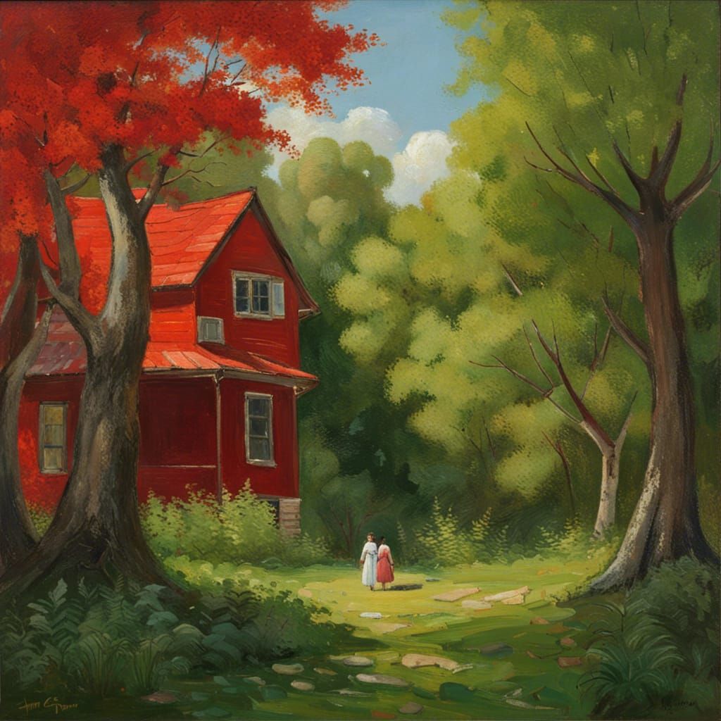 Woman and Dog in Forest, Oil Painting