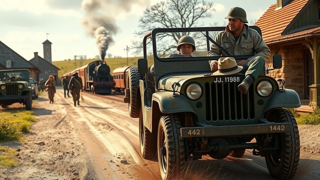 WW2 US Soldier Drives Jeep Through French Village