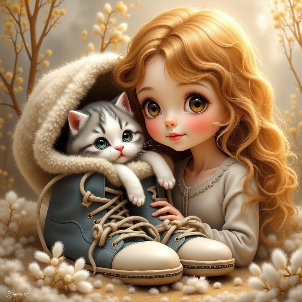Whimsical Girl Admires Kitten in Sneaker, in Watercolor Styl...