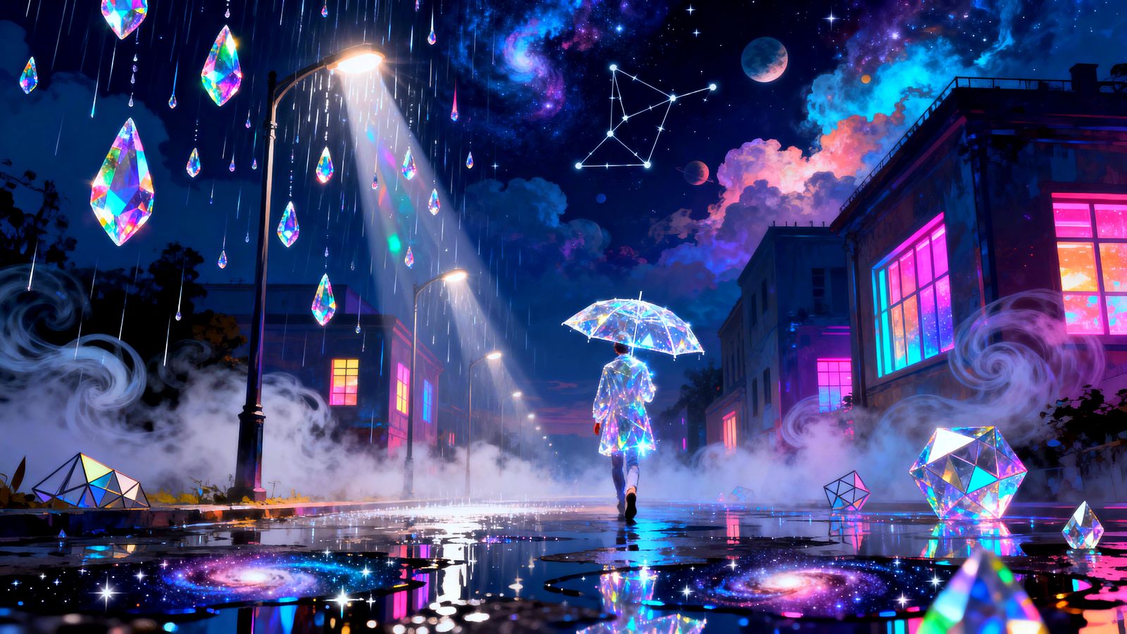 Psychedelic Cosmic Rain with Crystal Drops and Galaxy Puddle...