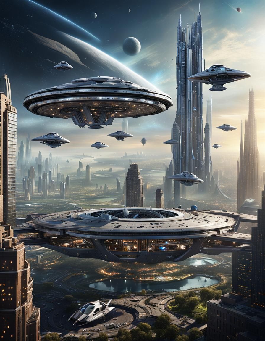 Bustling Interstellar Cityscape with Hybrid Spaceships