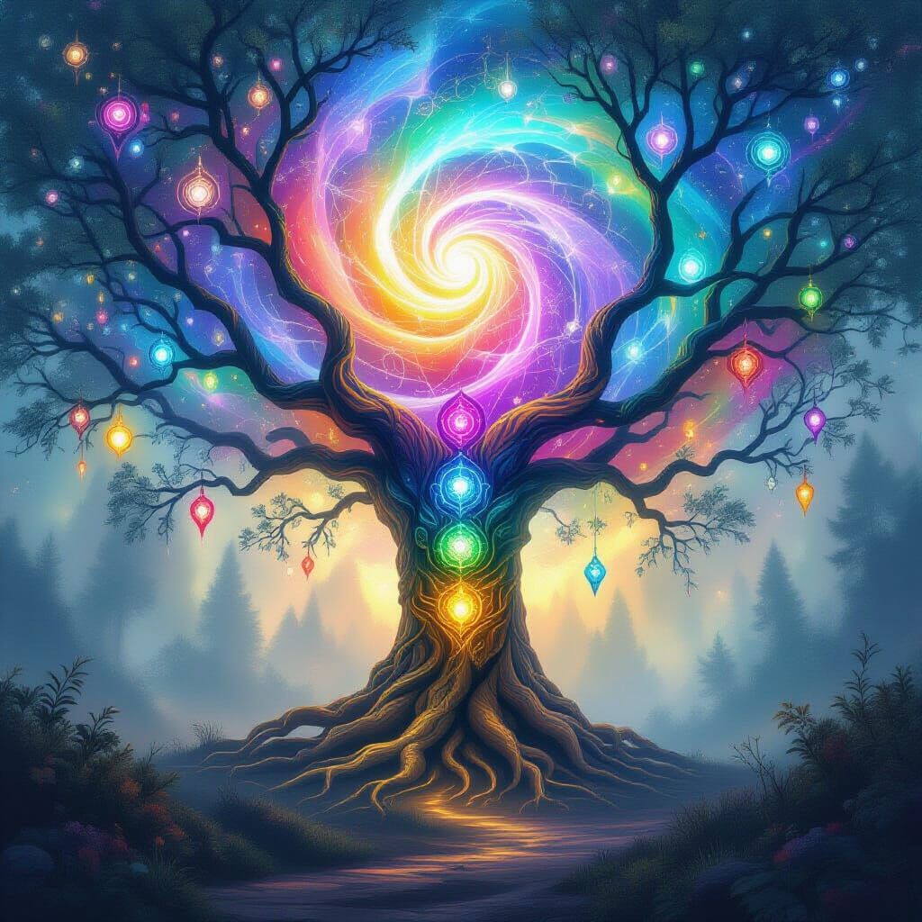 Cosmic Tree of Life with Chakra Crystals in Foggy Forest