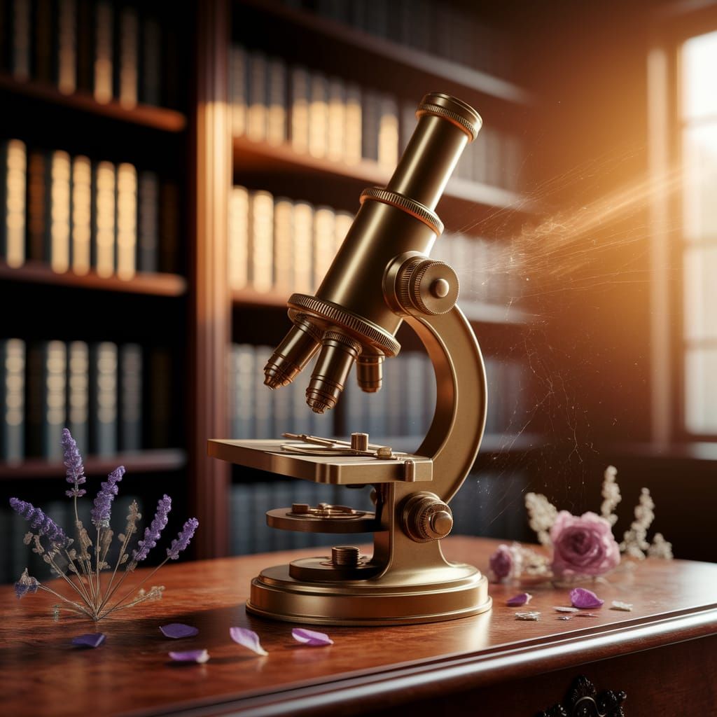 Antique Brass Microscope on Mahogany Desk in Sunbeam