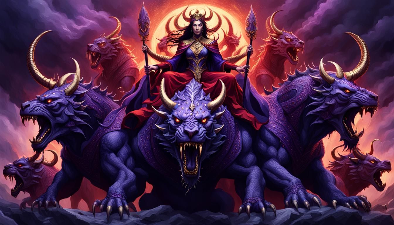 Majestic Dark Fantasy Goddess Rides Scarlet Beast