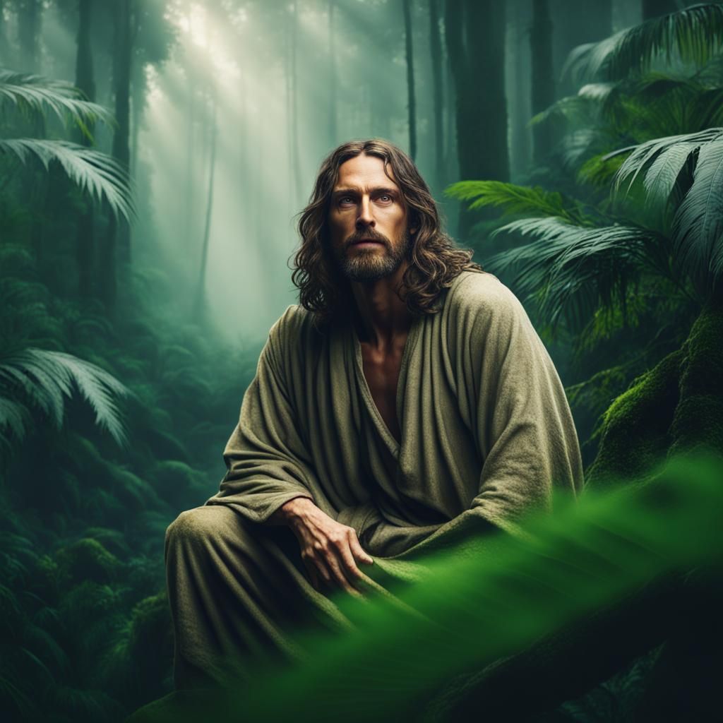 Jesus Christ as Jungle Explorer in Rainforest