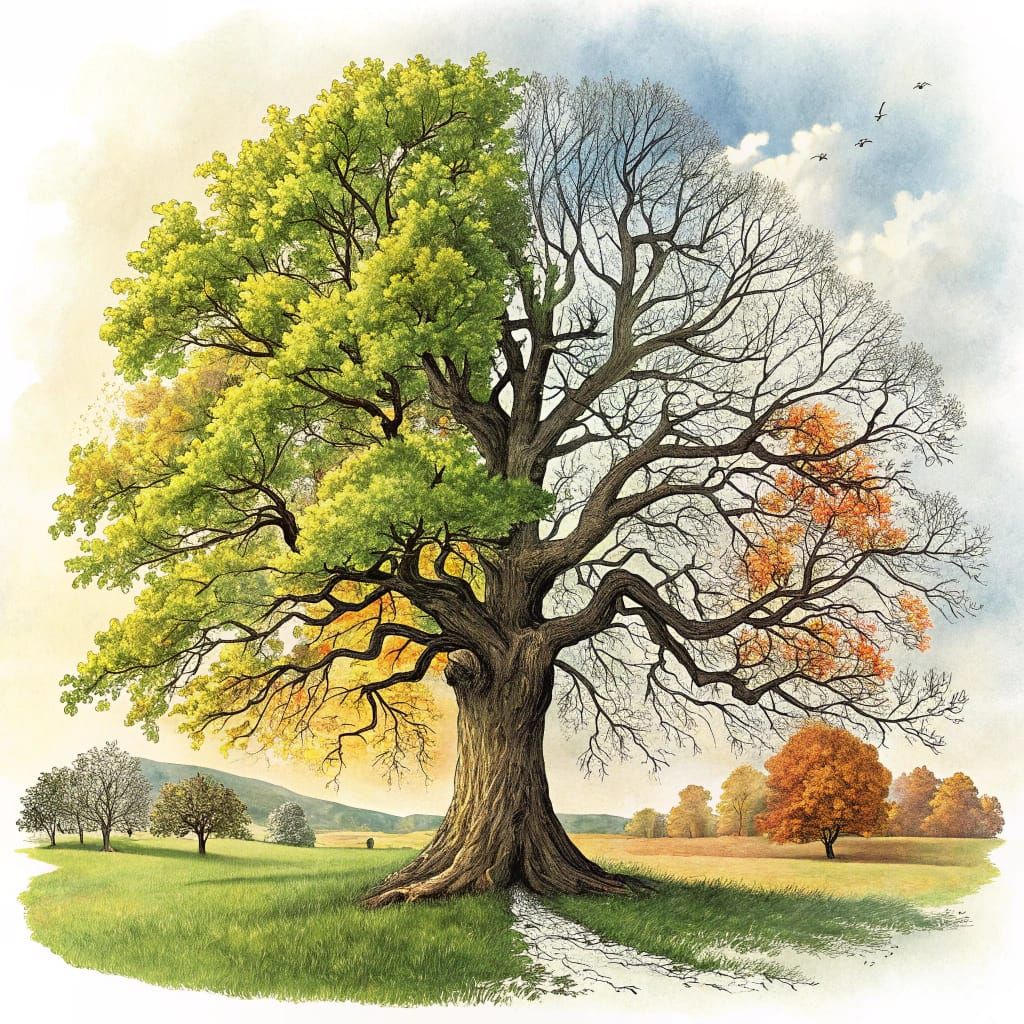 Seasonal Oak Tree in a Yearly Cycle