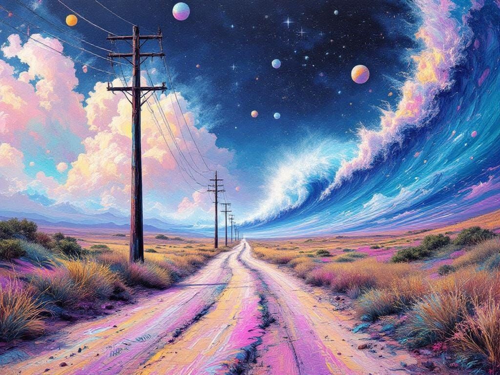 Psychedelic Surrealist Road with Approaching Wave