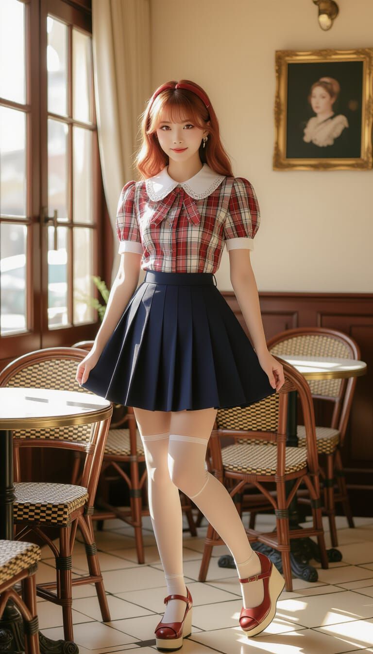 Red Haired Woman Posing in French Cafe Parlor