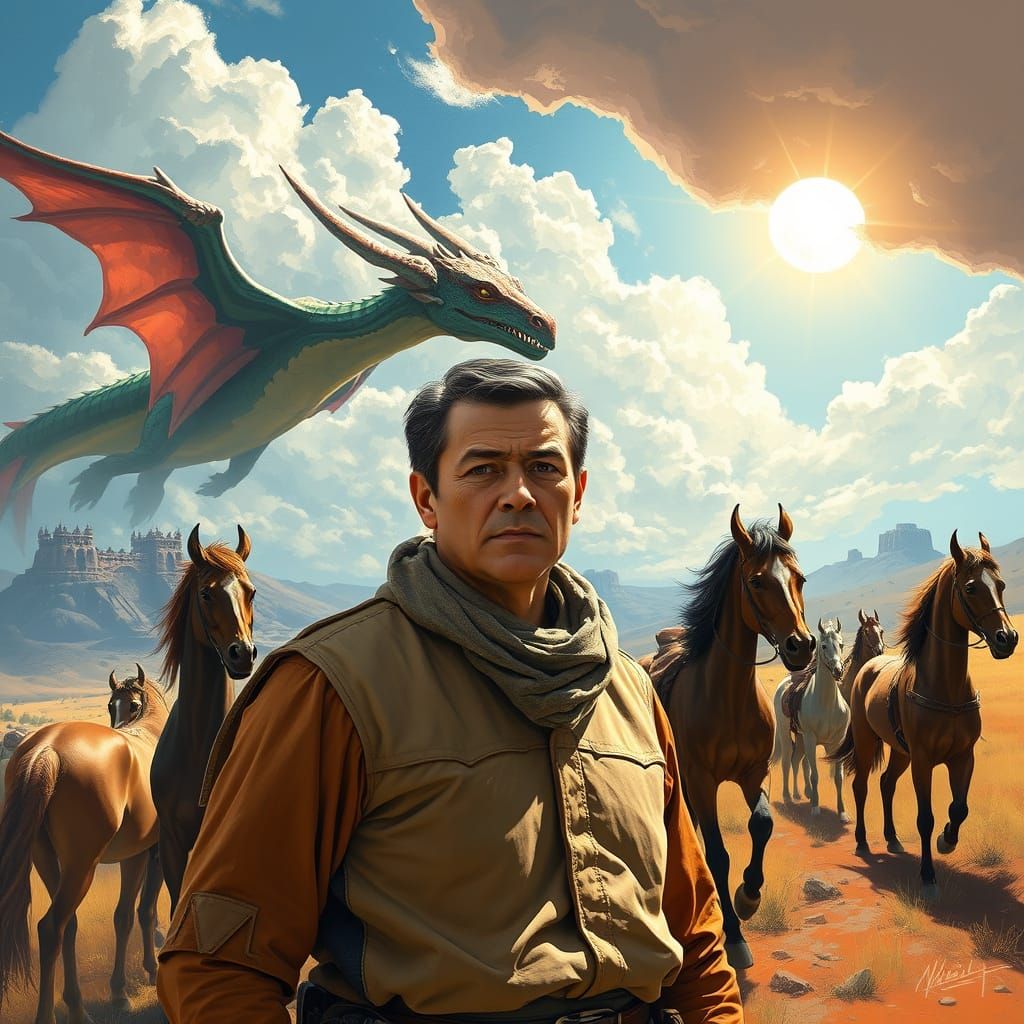 Chilean Cowboy and Dragons in a Ranch Landscape