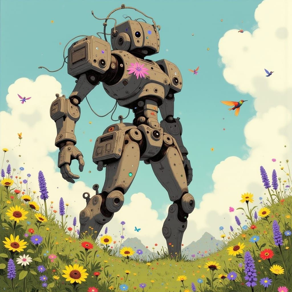 Colossal Robot Amidst Vibrant Floral Tapestry in a Whimsical...