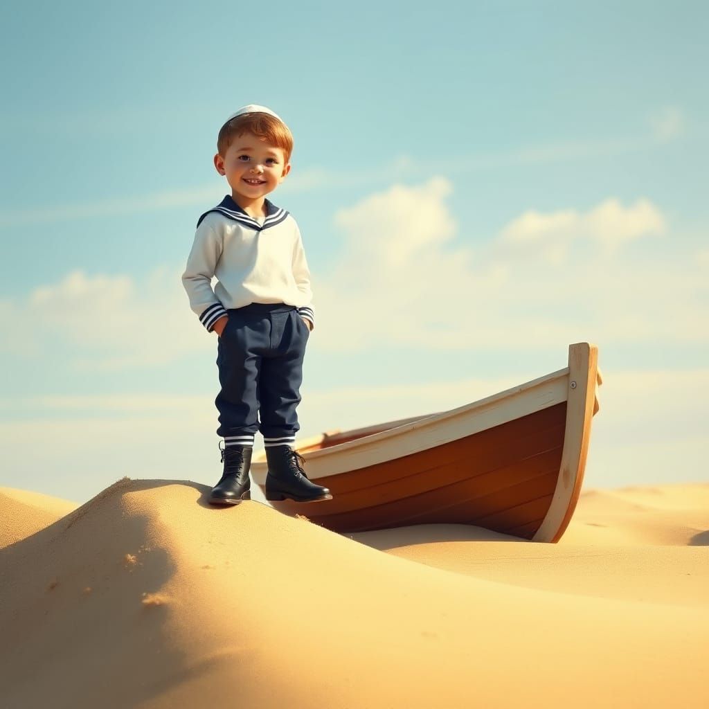 Charming Jewish Boy in Sailor Suit on Beachy Wooden Boat
