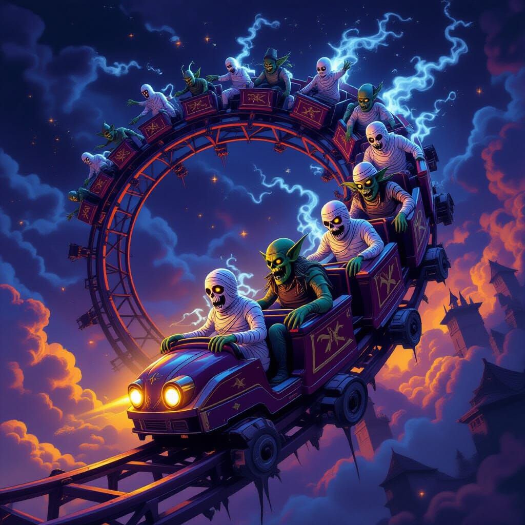 Haunted Rollercoaster with Goblins and Ghosts in Fantasy Sky
