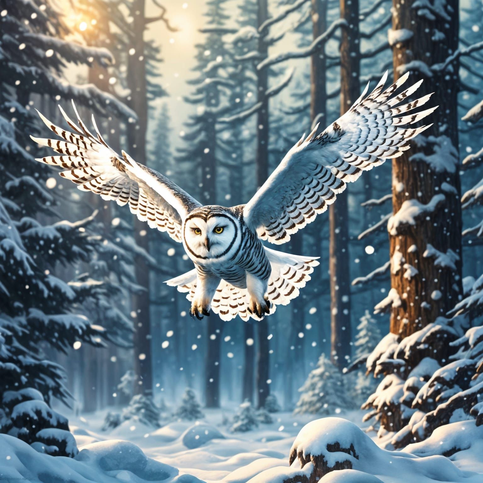 Snowy Owl Flight in Detailed Forest Splash Art