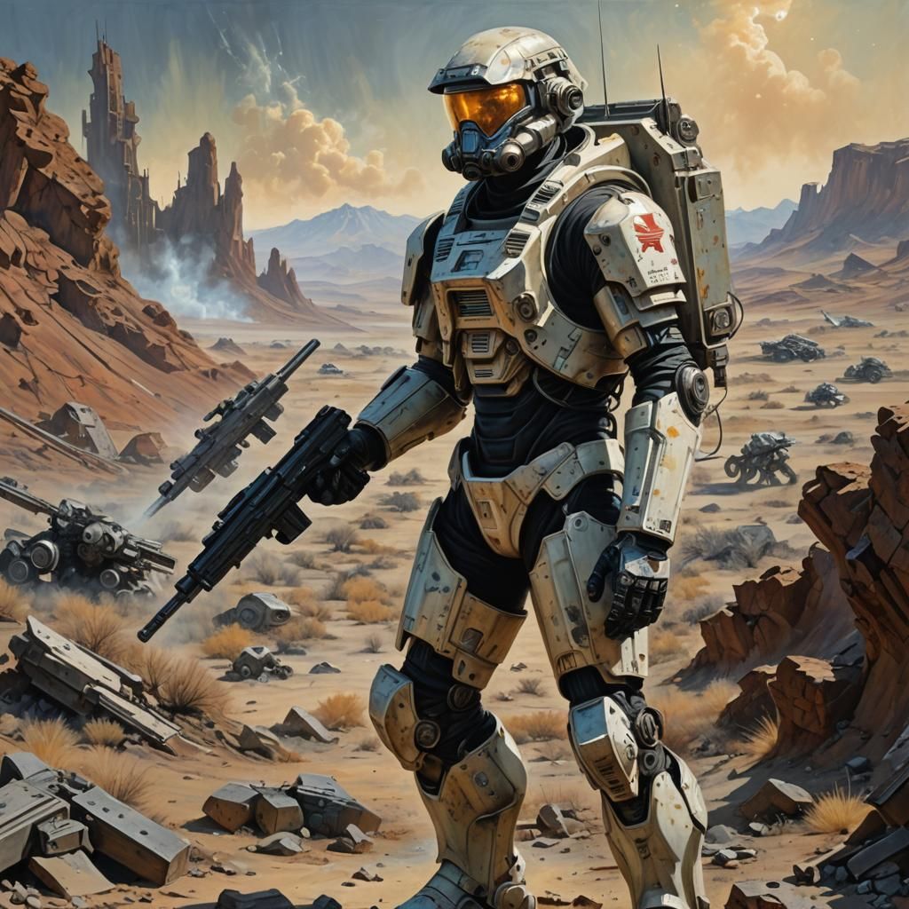 Futuristic Soldier in War-Torn Landscape