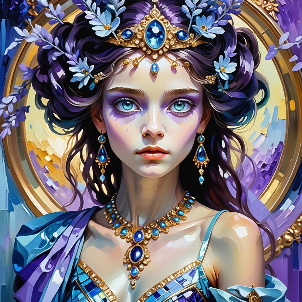 Alien Goddess with Lavender Eyes, Neo-Impressionist Oil Pain...