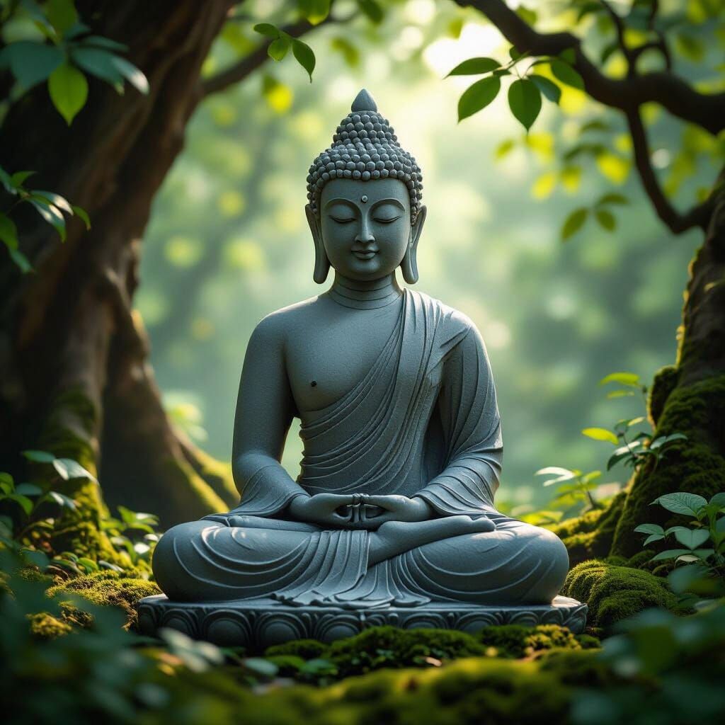 Serene Stone Buddha in Meditative Pose with Dappled Light