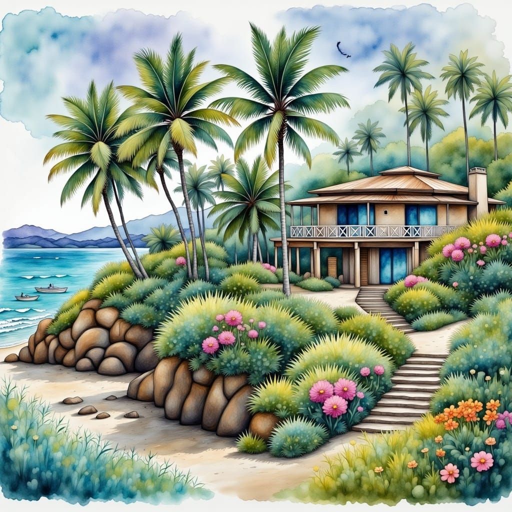 Watercolor Beach House with Palms and Flowers