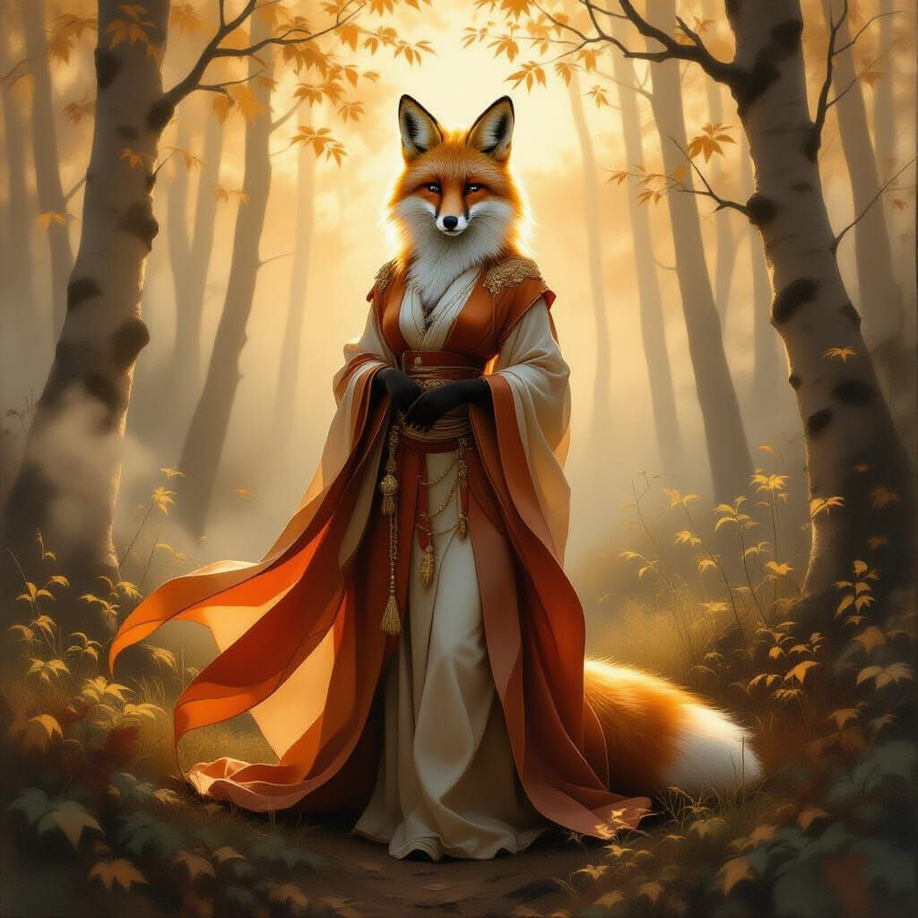 Regal Fox Goddess in Oil Painting Style